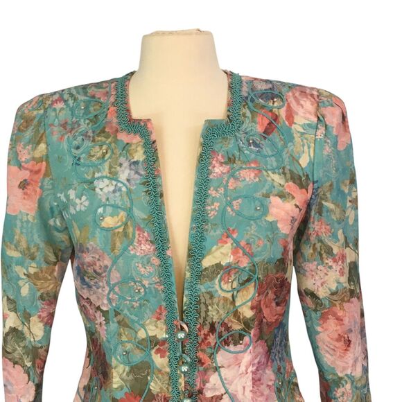 Nah Nah Collection Vintage 80s‎ Teal Blue Pink Floral Blazer, Victorian  38 bust - Picture 2 of 10
